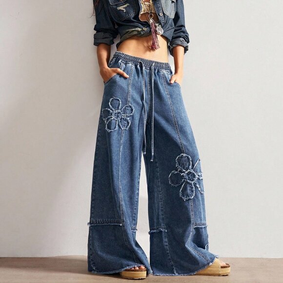 Dark Wash Casual Women's Wide Leg Baggy Jeans With Designs - Picture 1 of 8
